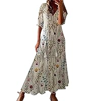 Women's Medium and Long Sleeve Dress with Bohemian Print V Neck Maxi Dress with Wide Sleeves and Tassels
