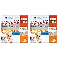Bounce Pet Hair and Lint Guard Mega Dryer Sheets with 3X Pet Hair Fighters, Unscented, 130 Count (Pack of 2)
