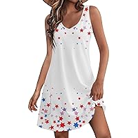 4th of July Sundress 4th of July Dress Women 2024 American Print Vintage Fashion Casual with Sleeveless Round Neck Sundresses White Medium