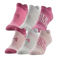 Under Armour Women's Essential 2.0 Lightweight No Show Socks, 6-Pairs, White/Pinks Assorted Locked-In Fit, Medium