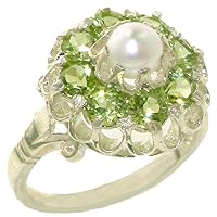 925 Sterling Silver Cultured Pearl and Peridot Womens Band Ring -