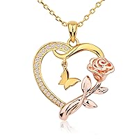 Heart Shaped Butterfly Rose Pendant Necklace 925 Sterling Silver, Ladies Heart Necklace 14k Gold Plated, Birthday Jewelry Gift for Girls