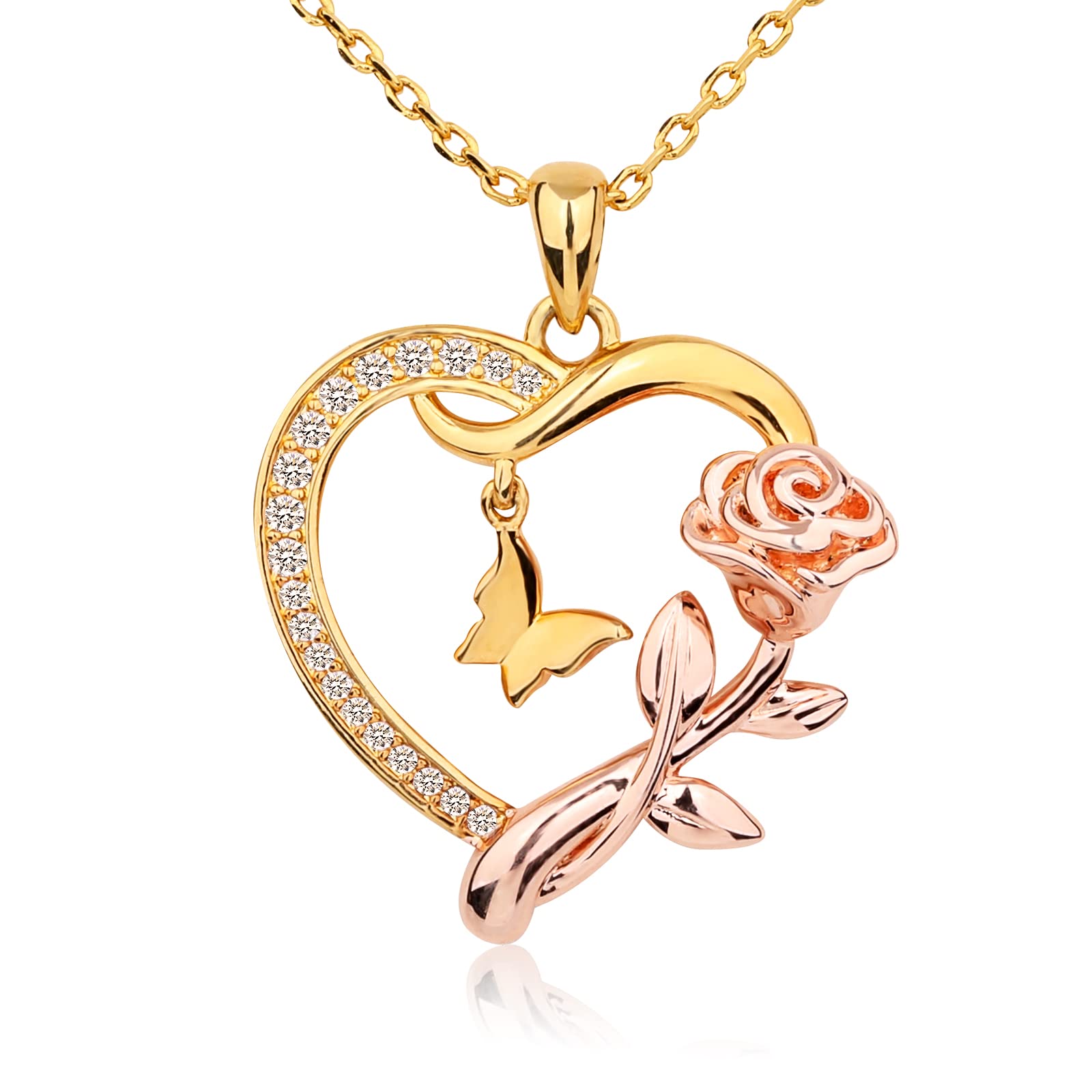 Alsanix Heart Necklace Sterling Silver/14k Gold Plated/Rose Gold Necklaces for Women Butterfly Rose Pendant CZ Jewelry Birthday Gift for Girls