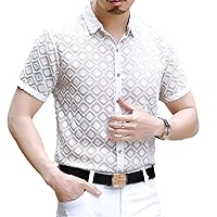 Diamond Emboidery Shirt Men Short Sleeve Slim Fit Transparent Shirt White Black Casual Party PlTop