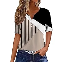 Summer Tops for Women Short Sleeve V Neck Button Henley Shirt Striped Patchwork Geometry Print Blouses Tunic Tshirt
