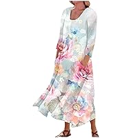 Women's Summer Dresses 2024 Casual 3/4 Sleeve Loose Fit Floral Boho Flowy Long Beach Sun Dress with Pockets