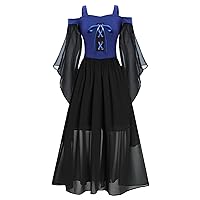 Girls Medieval Renaissance Costume Long Sleeve Cold Shoulder Steampunk Gothic Robe Dress Halloween Party Fancy Dress Up