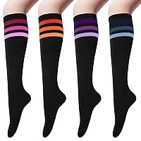 Senker Fashion Women's 4 Pairs Cotton Knee High Casual Solid Knit Socks,G Gradientt Stripes Black (4 Pairs)