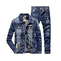 Mens Punk Style Blue Cotton Denim Long Sleeve Jacket + Ripped Hole Jeans Couple Two Pieces Denim Sets