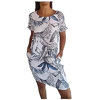 joysale Women's Cotton Round Neck Midi Dress Short Sleeve Dresses Floral Printed Sundresses with Pockets