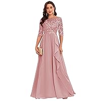 Chiffon Lace Mother of The Bride Dresses for Wedding Long Ruffles Formal Evening Gown with Sleeves