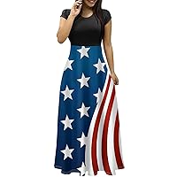 Womens 4th of July Dress Casual O-Neck Short Sleeves Maxi Dresses USA Outfit Memorial Day Printed Dresses