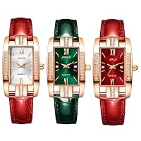 yunanwa 3 Pieces/Set Women's Watches Square Women's Quartz Dress Watch Green Dial Leather Strap Wristwatches Luxury Female Quartz Watch, Green, Classic, Green, Classic
