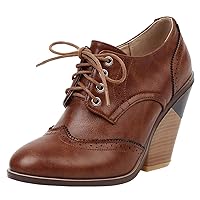 Caradise Womens Wingtip Oxford High Heels Round Toe Lace Up Brogue