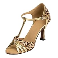 TDA Womens Peep Toe T-strap Leopard Latin Modern Salsa Tango Ballroom Wedding Dance Shoes