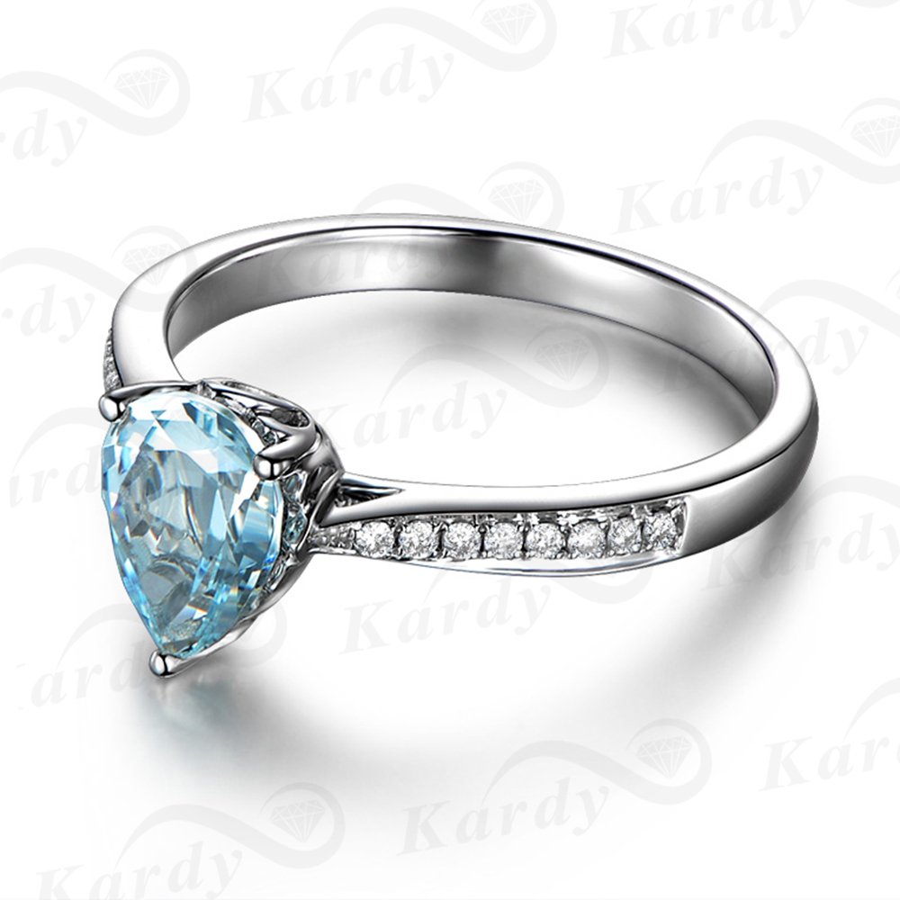 Unique Women's Jewelry Solid 14K White Gold Natural Aquamarine Diamond Engagement Promise Wedding Ring Set