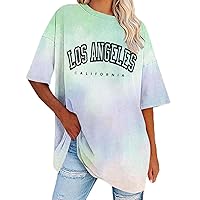 Women's Graphic Oversized Tees Fashion Letter Print Summer Tops Vintage Tie Dye Short Sleeve Loose Casual T Shirts