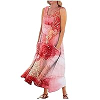 Summer Dresses for Women 2024 Vacation Sleeveless Dress for Women 2024 Marble Print Fashion Loose Fit Casual Trendy U Neck Dresses with Pockets Red Medium