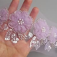 2 Yards Purple 3D Chiffon Net Beads Sequins Flowers Lace Edge Trim 6.5cm Wide Ribbon Embroidered Mesh Lace Fabric Trimmings Applique Sewing Craft Clothes Bridal Wedding Dress Decoration