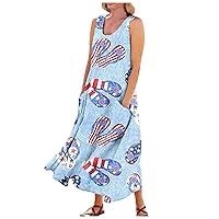 Women's Cotton Linen Sleeveless Round Neck Maxi Dress 2024 Summer Casual American Flag Print July 4th Dresses