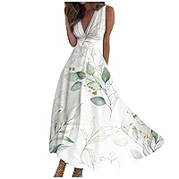 Empire Waist Dress for Women, Plus Size Dresses for Curvy Women Boho Dress for Women 2024 Summer Maxi Dress Ladies Outdoor Sleeveless Weekend V Neck Womens Floral Print Line Trendy (White,3X-Large)