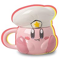 Cartoon Pink Cook Kirby Mugs: Kirby Novelty Mug Coffee Cup Set (Pink Cup Chef's hat Lid) Gift for Christmas Birthday