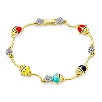 Bling Jewelry Colorful Good Luck Garden Lucky Ladybug Link Charm Bracelet For Women Crystal 14K Gold Plated Brass
