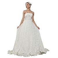 Women's Spaghetti Strap Wedding Dress Sleeveless A-Line Lace Dresses for Bride Formal Wedding Guest Dress A111
