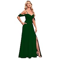 Off Shoulder Bridesmaid Dresses Long Prom Dress with Pockets A-Line Maternity Formal Party Dresses with Slit 018