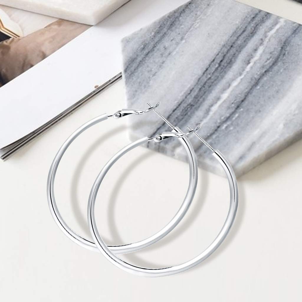 4 Pairs Sterling Silver Hoop Earrings - 14k White Gold Plated Hoop Earrings Big Hoop Earrings Set Silver Hoop Earrings for Women Girls Valentine's Day Gifts (30/40/50/60MM)