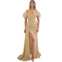 Off The Shoulder Mermaid Prom Dresses for Woman Feather Sequin Formal Evening Party Dress with Slit