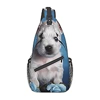 Puppy Blue Rose Print Cross Chest Bag Sling Backpack Crossbody Shoulder Bag Travel Hiking Daypack Unisex