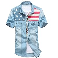 National Flag Graphic Shirts for Men Patriotic Denim Short Sleeve Tops Stand Lightweight Tees with Pocket