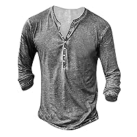 Cotton Henley Shirt for Men,Long Sleeve Solid/Printed T-Shirt Retro Style Washed Streetwear Vintage Casual Tee