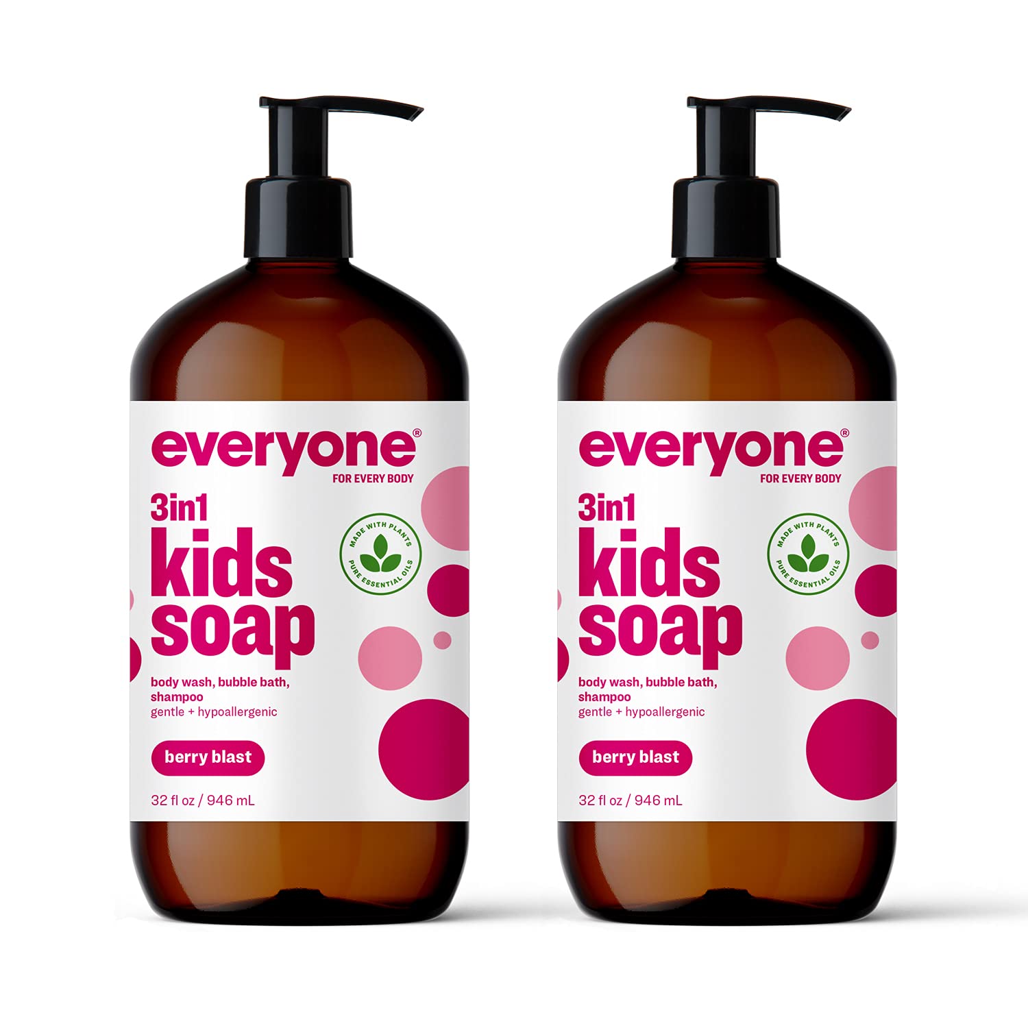 Everyone 3-in-1 Kids Soap, Body Wash, Bubble Bath, Shampoo, 32 Ounce (Pack of 2), Berry Blast, Coconut Cleanser with Plant Extracts and Pure Essential Oils