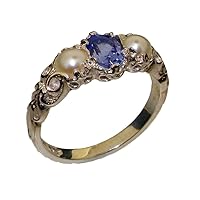 925 Sterling Silver Real Genuine Tanzanite & Cultured Pearl Womens Band Ring