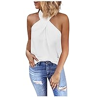 Womens Summer Tops 2023 Halter Summer Sleeveless Tshirt Tops Flowy Loose Fit Pleated Tank Top Basic Sexy Vest Cami A-White