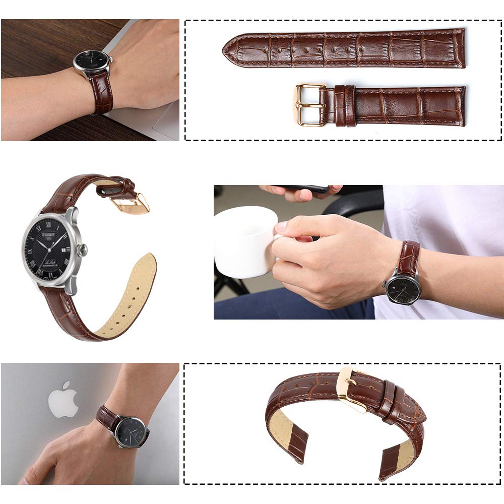 iStrap Leather Watch band Alligator Grain Calfskin Replacement Strap Stainless Steel Buckle Bracelet for Men Women-18mm 19mm 20mm 21mm 22mm 24mm-Black Brown