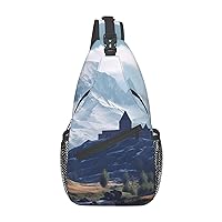 Mountain Scenery Print Sling Backpack Travel Sling Bag Casual Chest Bag Hiking Daypack Crossbody Bag For Men Women