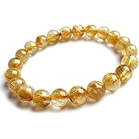 Kashish Gems & Jewels Natural Yellow Gold Rutilated Quartz Crystal Round Bead Bracelet 9mm AAAAA
