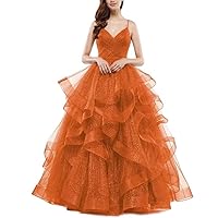 Glitter Ball Gowns Tulle Long Prom Dress V Neck Spaghetti Straps Formal Evening Party Gown for Women Wedding Guests