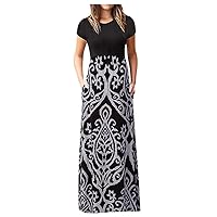 Women's Trendy Plain Maxi Dress, Summer Short Sleeve Casual Geometric Print Sexy Dress with Pockets