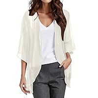 Kimono Cardigans for Women Dressy 3/4 Sleeve Chiffon Open Front Cardigan Solid Sheer Beach Vacation Cover Up Tops 2024