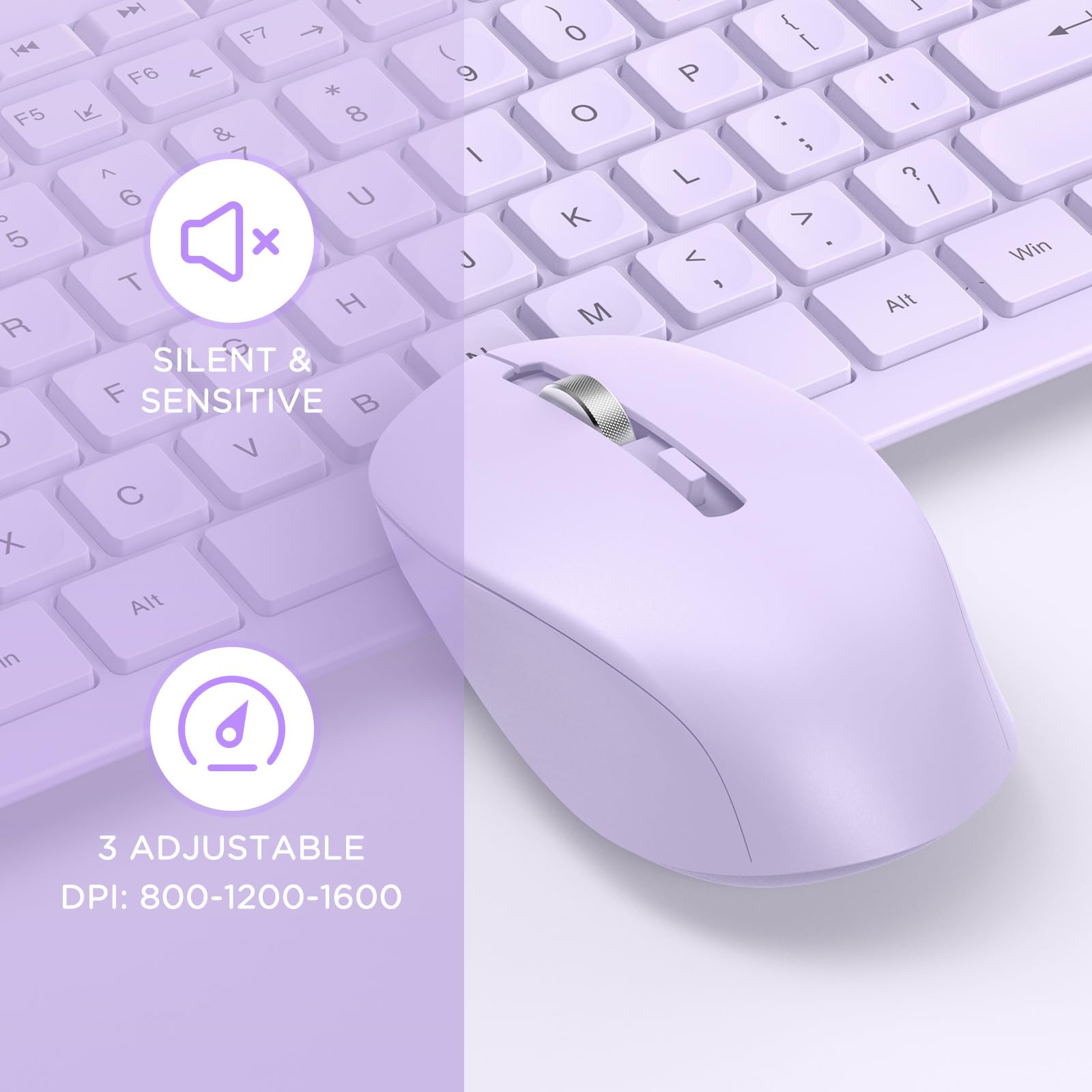 Seenda Wireless Keyboard and Mouse Combo, Full Size 2.4GHz Wireless Quiet Keyboard Mouse with USB Receiver, Cute Ergonomic Cordless Keyboard Mouse for Windows Laptop Computer Desktop, Purple