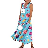 Womens Easter Dresses 2024 Fashion Rabbit Printed Sleeveless Round Neck Dress Women's Summer Casual Pocket Dress