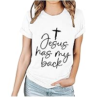 Jesus Has My Back Letter Shirts Women Christian Jesus Blessed Tee Tops Short Sleeve Crewneck Summer Casual Blouses
