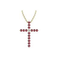 14k Yellow Gold timeless cross pendant set with 15 round red ruby stones (1/2ct, AA Quality) encompassing 1 round white diamond, (.045ct, H-I Color, I1 Clarity), dangling on a 18