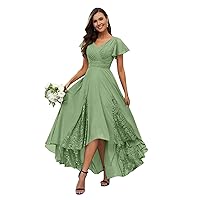 Tea Length Mother of The Bride Dresses for Wedding 2024 Lace Ruffle Sleeves Chiffon Ruched Bridesmaid Formal Dress