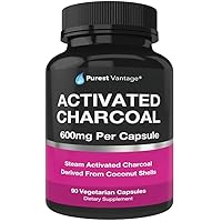 Pure Organic Activated Charcoal Capsules - 600mg per Capsule, 90 Vegetarian Capsules