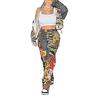 LKOUS Patchwork Cargo Sweatpants, High Waisted Straight Wide Leg Long Pants with Pocket